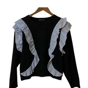 Zara Navy Hoodie Sweater Sweatshirt Striped Ruffle Asymmetrical